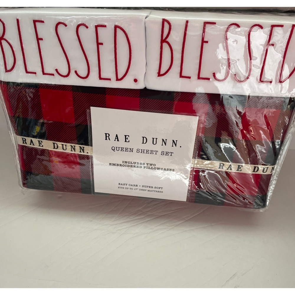 Rae Dunn Sheet Set King or Queen Christmas Red Black Buffalo Plaid  Blessed NWT